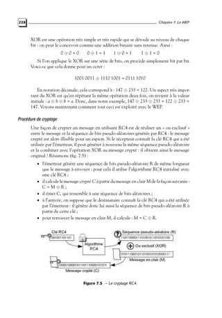 Chapitre 7. Le WEP

228

XOR est une opération très simple et très rapide qui se déroule au niveau de chaque
bit : on peut le concevoir comme une addition binaire sans retenue. Ainsi :
0⊕0=0

0⊕1=1

1⊕0=1

1⊕1=0

Si l’on applique le XOR sur une série de bits, on procède simplement bit par bit.
Voici ce que cela donne pour un octet :
1001 0011 ⊕ 1110 1001 = 0111 1010
En notation décimale, cela correspond à : 147 ⊕ 233 = 122. Un aspect très important du XOR est qu’en répétant la même opération deux fois, on revient à la valeur
initiale : a ⊕ b ⊕ b = a. Donc, dans notre exemple, 147 ⊕ 233 ⊕ 233 = 122 ⊕ 233 =
147. Voyons maintenant comment tout ceci est exploité avec le WEP.

Procédure de cryptage
Une façon de crypter un message en utilisant RC4 est de réaliser un « ou exclusif »
entre le message et la séquence de bits pseudo-aléatoires générée par RC4 : le message
crypté est alors illisible pour un espion. Si le récepteur connaît la clé RC4 qui a été
utilisée par l’émetteur, il peut générer à nouveau la même séquence pseudo-aléatoire
et la combiner avec l’opération XOR au message crypté : il obtient ainsi le message
original ! Résumons (ﬁg. 7.5) :
• l’émetteur génère une séquence de bits pseudo-aléatoire R de même longueur

•
•
•

•

que le message à envoyer : pour cela il utilise l’algorithme RC4 initialisé avec
une clé RC4 ;
il calcule le message crypté C à partir du message en clair M de la façon suivante :
C=M⊕R;
il émet C, qui ressemble à une séquence de bits aléatoires ;
à l’arrivée, on suppose que le destinataire connaît la clé RC4 qui a été utilisée
par l’émetteur : il génère donc lui aussi la séquence de bits pseudo-aléatoire R à
partir de cette clé ;
pour retrouver le message en clair M, il calcule : M = C ⊕ R.

Figure 7.5 — Le cryptage RC4.

 