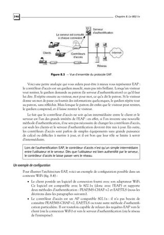 Chapitre 8. Le 802.1x

246

Figure 8.3 — Vue d’ensemble du protocole EAP.

Voici une petite analogie qui vous aidera peut-être à mieux vous représenter EAP :
le contrôleur d’accès est un gardien musclé, mais pas très brillant. Lorsqu’un visiteur
veut rentrer, le gardien demande au patron (le serveur d’authentiﬁcation) ce qu’il faut
lui dire. Il répète ensuite au visiteur, mot pour mot, ce qu’a dit le patron. Si le visiteur
donne un mot de passe ou fournit des informations quelconques, le gardien répète tout
au patron, sans réﬂéchir. Mais lorsque le patron dit enﬁn que le visiteur peut rentrer,
le gardien comprend, et il laisse rentrer le visiteur.
Le fait que le contrôleur d’accès ne soit qu’un intermédiaire entre le client et le
serveur est l’un des grands intérêts de l’EAP : en effet, si l’on invente une nouvelle
méthode d’authentiﬁcation, il ne sera pas nécessaire de changer les contrôleurs d’accès,
car seuls les clients et le serveur d’authentiﬁcation devront être mis à jour. En outre,
les contrôleurs d’accès sont parfois de simples équipements sans grande puissance
de calcul ou difﬁciles à mettre à jour, et il est bon que leur rôle se limite à servir
d’intermédiaire.
Lors de l’authentification EAP, le contrôleur d’accès n’est qu’un simple intermédiaire
entre l’utilisateur et le serveur. Dès que l’utilisateur est bien authentifié par le serveur,
le contrôleur d’accès le laisse passer vers le réseau.

Un exemple de configuration
Pour illustrer l’architecture EAP, voici un exemple de conﬁguration possible dans un
contexte WiFi (ﬁg. 8.4) :
• Le client possède un logiciel de connexion fourni avec son adaptateur WiFi.

Ce logiciel est compatible avec le 802.1x (donc avec l’EAP) et supporte
deux méthodes d’authentiﬁcation : PEAP/MS-CHAP-v2 et EAP/TLS (nous les
décrirons dans les paragraphes suivants).
• Le contrôleur d’accès est un AP compatible 802.1x : il n’a pas besoin de
connaître PEAP/MS-CHAP-v2, EAP/TLS ou toute autre méthode d’authentiﬁcation particulière. Il est toutefois capable de relayer des requêtes EAP vers le
client (via la connexion WiFi) et vers le serveur d’authentiﬁcation (via le réseau
de l’entreprise).

 