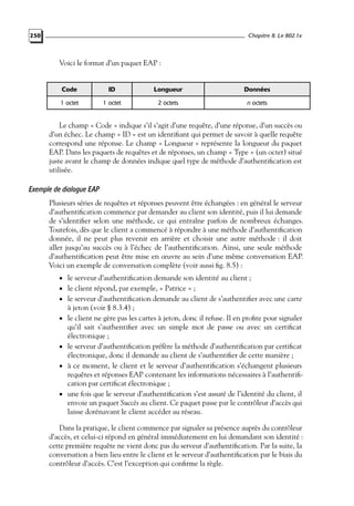 Chapitre 8. Le 802.1x

250

Voici le format d’un paquet EAP :

Code

ID

Longueur

Données

1 octet

1 octet

2 octets

n octets

Le champ « Code » indique s’il s’agit d’une requête, d’une réponse, d’un succès ou
d’un échec. Le champ « ID » est un identiﬁant qui permet de savoir à quelle requête
correspond une réponse. Le champ « Longueur » représente la longueur du paquet
EAP. Dans les paquets de requêtes et de réponses, un champ « Type » (un octet) situé
juste avant le champ de données indique quel type de méthode d’authentiﬁcation est
utilisée.

Exemple de dialogue EAP
Plusieurs séries de requêtes et réponses peuvent être échangées : en général le serveur
d’authentiﬁcation commence par demander au client son identité, puis il lui demande
de s’identiﬁer selon une méthode, ce qui entraîne parfois de nombreux échanges.
Toutefois, dès que le client a commencé à répondre à une méthode d’authentiﬁcation
donnée, il ne peut plus revenir en arrière et choisir une autre méthode : il doit
aller jusqu’au succès ou à l’échec de l’authentiﬁcation. Ainsi, une seule méthode
d’authentiﬁcation peut être mise en œuvre au sein d’une même conversation EAP.
Voici un exemple de conversation complète (voir aussi ﬁg. 8.5) :
• le serveur d’authentiﬁcation demande son identité au client ;
• le client répond, par exemple, « Patrice » ;

• le serveur d’authentiﬁcation demande au client de s’authentiﬁer avec une carte
•

•
•

•

à jeton (voir § 8.3.4) ;
le client ne gère pas les cartes à jeton, donc il refuse. Il en proﬁte pour signaler
qu’il sait s’authentiﬁer avec un simple mot de passe ou avec un certiﬁcat
électronique ;
le serveur d’authentiﬁcation préfère la méthode d’authentiﬁcation par certiﬁcat
électronique, donc il demande au client de s’authentiﬁer de cette manière ;
à ce moment, le client et le serveur d’authentiﬁcation s’échangent plusieurs
requêtes et réponses EAP contenant les informations nécessaires à l’authentiﬁcation par certiﬁcat électronique ;
une fois que le serveur d’authentiﬁcation s’est assuré de l’identité du client, il
envoie un paquet Succès au client. Ce paquet passe par le contrôleur d’accès qui
laisse dorénavant le client accéder au réseau.

Dans la pratique, le client commence par signaler sa présence auprès du contrôleur
d’accès, et celui-ci répond en général immédiatement en lui demandant son identité :
cette première requête ne vient donc pas du serveur d’authentiﬁcation. Par la suite, la
conversation a bien lieu entre le client et le serveur d’authentiﬁcation par le biais du
contrôleur d’accès. C’est l’exception qui conﬁrme la règle.

 
