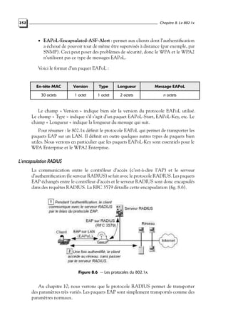 Chapitre 8. Le 802.1x

252

• EAPoL-Encapsulated-ASF-Alert : permet aux clients dont l’authentiﬁcation

a échoué de pouvoir tout de même être supervisés à distance (par exemple, par
SNMP). Ceci peut poser des problèmes de sécurité, donc le WPA et le WPA2
n’utilisent pas ce type de messages EAPoL.

Voici le format d’un paquet EAPoL :

En-tête MAC

Version

Type

Longueur

Message EAPoL

30 octets

1 octet

1 octet

2 octets

n octets

Le champ « Version » indique bien sûr la version du protocole EAPoL utilisé.
Le champ « Type » indique s’il s’agit d’un paquet EAPoL-Start, EAPoL-Key, etc. Le
champ « Longueur » indique la longueur du message qui suit.
Pour résumer : le 802.1x déﬁnit le protocole EAPoL qui permet de transporter les
paquets EAP sur un LAN. Il déﬁnit en outre quelques autres types de paquets bien
utiles. Nous verrons en particulier que les paquets EAPoL-Key sont essentiels pour le
WPA Enterprise et le WPA2 Enterprise.

L’encapsulation RADIUS
La communication entre le contrôleur d’accès (c’est-à-dire l’AP) et le serveur
d’authentiﬁcation (le serveur RADIUS) se fait avec le protocole RADIUS. Les paquets
EAP échangés entre le contrôleur d’accès et le serveur RADIUS sont donc encapsulés
dans des requêtes RADIUS. La RFC 3579 détaille cette encapsulation (ﬁg. 8.6).

Figure 8.6 — Les protocoles du 802.1x.

Au chapitre 10, nous verrons que le protocole RADIUS permet de transporter
des paramètres très variés. Les paquets EAP sont simplement transportés comme des
paramètres normaux.

 