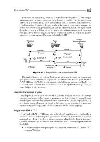 8.4 La sécurité d’EAP

267

Pour vous en convaincre, revenons à notre histoire de gardien. Cette attaque
fonctionne ainsi : le pirate commence par se déguiser en gardien. Un client souhaitant
rentrer sur le réseau s’adresse à lui et lui fournit son nom. Le pirate va alors s’adresser au
véritable gardien. Il lui répète le nom du client. Le gardien va lui-même le répéter au
patron puis revient avec, par exemple, un déﬁ. Le pirate remet alors son déguisement
de gardien et répète le déﬁ au client. Lorsque le client donne sa réponse, le pirate n’a
plus qu’à aller la répéter au gardien. Après vériﬁcation auprès du patron, le gardien
laisse alors rentrer le pirate. L’attaque a réussi (ﬁg. 8.11).

Figure 8.11 — Attaque MiM contre l’authentification EAP.

Dans cette histoire, on voit que le pirate n’a aucunement besoin de comprendre
quoi que ce soit au contenu des paquets EAP qu’il transporte. Notons que EAP/TLS,
PEAP, TTLS ou EAP/FAST sont tout aussi vulnérables que les autres méthodes : en
se plaçant entre le client et le contrôleur d’accès et en répétant tout se qui se dit, le
pirate ﬁni par se faire accepter.

La parade : le cryptage de la session
La seule parade contre cette attaque MiM consiste à mettre en place un cryptage
puissant pour la session. Les clés de cryptage peuvent être conﬁgurées manuellement
ou échangées au cours de l’authentiﬁcation, comme nous l’avons vu plus haut. De
cette façon, même si le pirate parvient à se faire accepter sur le réseau, il ne pourra ni
envoyer ni recevoir de paquets, car il ne connaîtra pas les clés de cryptage.

Attaque contre PEAP et TTLS
Les méthodes PEAP et TTLS ont une vulnérabilité supplémentaire, qu’il est heureusement facile d’éviter : le pirate peut essayer de créer un tunnel avec le client et
un tunnel avec le serveur. Il peut alors avoir accès à la méthode d’authentiﬁcation
« interne » utilisée, qui est souvent très vulnérable. Voici comment il peut procéder
(ﬁg. 8.12) :
• le pirate conﬁgure sont poste pour se comporter comme un AP (même SSID

qu’un AP légitime) ;

 