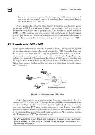 Chapitre 9. Le WPA et le WPA2

296

• Le pirate peut recommencer toute l’opération toutes les 12 minutes environ. Il

peut donc injecter jusqu’à 7 paquets de son choix, d’une cinquantaine d’octets
maximum, toutes les 12 minutes.

On voit que la faille est tout de même limitée : le pirate ne peut décrypter que de
petits paquets ARP dont il n’ignorait ﬁnalement que deux octets, et il ne peut injecter
réellement que quelques rares et petits paquets. Il ne possède pas les clés maîtresses
(PMK et GMK) ou même temporaires, mise à part la clé d’intégrité, donc il ne peut
pas décrypter l’ensemble du traﬁc. Néanmoins, cette attaque est vraisemblablement la
première d’une série, et il est maintenant clair qu’il est temps de migrer vers l’AES.

9.3.5 Le mode mixte : WEP et WPA
Aﬁn d’assurer une transition douce du WEP vers le WPA, il est possible de déployer,
sur un même réseau, les deux solutions de sécurité (ﬁg. 9.12). Pour cela, il faut que
les AP gèrent ce « mode mixte » et bien sûr que celui-ci soit activé. Lorsqu’un AP
en mode mixte reçoit un paquet envoyé par une station, il vériﬁe le type de cryptage
utilisé en consultant le 6e bit du champ KeyID (voir § 9.3.2) qui se trouve dans tous
les paquets WEP et TKIP. Si ce bit est égal à 0, il utilise le WEP, sinon il utilise le
WPA. Bien entendu, il utilise la même méthode de cryptage pour l’envoi de paquets
vers cette station.

Figure 9.12 — Un réseau mixte WEP + WPA.

Un problème se pose avec le traﬁc de groupe (broadcast ou multicast) : faut-il le
crypter avec TKIP ou avec le WEP ? Puisque les stations WEP ne comprennent rien à
TKIP, on est obligé d’émettre ce traﬁc en le cryptant avec le WEP. Il faut donc s’assurer
que toutes les stations WPA soient conﬁgurées également en mode mixte, aﬁn qu’elles
puissent décrypter le broadcast et le multicast. Si toutes les stations utilisent le WPA,
il est recommandé de désactiver le mode mixte dans tous les AP et toutes les stations,
aﬁn de s’assurer que le WEP ne soit jamais utilisé.
Le WEP possède de graves défauts et il faut essayer de passer le plus rapidement
possible au WPA : le mode mixte ne doit donc être qu’une étape de transition et non
l’état final de votre réseau.

 