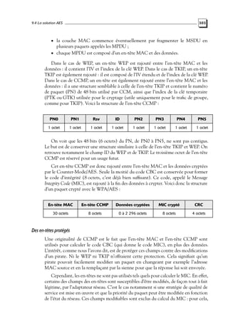 9.4 La solution AES

303

• la couche MAC commence éventuellement par fragmenter le MSDU en

plusieurs paquets appelés les MPDU ;

• chaque MPDU est composé d’un en-tête MAC et des données.

Dans le cas de WEP, un en-tête WEP est rajouté entre l’en-tête MAC et les
données : il contient l’IV et l’index de la clé WEP. Dans le cas de TKIP, un en-tête
TKIP est également rajouté : il est composé de l’IV étendu et de l’index de la clé WEP.
Dans le cas de CCMP, un en-tête est également rajouté entre l’en-tête MAC et les
données : il a une structure semblable à celle de l’en-tête TKIP et contient le numéro
de paquet (PN) de 48 bits utilisé par CCM, ainsi que l’index de la clé temporaire
(PTK ou GTK) utilisée pour le cryptage (utile uniquement pour le traﬁc de groupe,
comme pour TKIP). Voici la structure de l’en-tête CCMP :
PN0

PN1

Rsv

ID

PN2

PN3

PN4

PN5

1 octet

1 octet

1 octet

1 octet

1 octet

1 octet

1 octet

1 octet

On voit que les 48 bits (6 octets) du PN, de PN0 à PN5, ne sont pas contigus.
Le but est de conserver une structure similaire à celle de l’en-tête TKIP et WEP. On
retrouve notamment le champ ID du WEP et de TKIP. Le troisième octet de l’en-tête
CCMP est réservé pour un usage futur.
Cet en-tête CCMP est donc rajouté entre l’en-tête MAC et les données cryptées
par le Counter-Mode/AES. Seule la moitié du code CBC est conservée pour former
le code d’intégrité (8 octets, c’est déjà bien sufﬁsant). Ce code, appelé le Message
Integrity Code (MIC), est rajouté à la ﬁn des données à crypter. Voici donc la structure
d’un paquet crypté avec le WPA/AES :
En-tête MAC

En-tête CCMP

Données cryptées

MIC crypté

CRC

30 octets

8 octets

0 à 2 296 octets

8 octets

4 octets

Des en-têtes protégés
Une originalité de CCMP est le fait que l’en-tête MAC et l’en-tête CCMP sont
utilisés pour calculer le code CBC (qui donne le code MIC), en plus des données.
L’intérêt, comme nous l’avons dit, est de protéger ces champs contre des modiﬁcations
d’un pirate. Ni le WEP ni TKIP n’offraient cette protection. Cela signiﬁait qu’un
pirate pouvait facilement modiﬁer un paquet en changeant par exemple l’adresse
MAC source et en la remplaçant par la sienne pour que la réponse lui soit envoyée.
Cependant, les en-têtes ne sont pas utilisés tels quels pour calculer le MIC. En effet,
certains des champs des en-têtes sont susceptibles d’être modiﬁés, de façon tout à fait
légitime, par l’adaptateur réseau. C’est le cas notamment si une stratégie de qualité de
service est mise en œuvre et que la priorité du paquet peut être modiﬁée en fonction
de l’état du réseau. Ces champs modiﬁables sont exclus du calcul du MIC : pour cela,

 