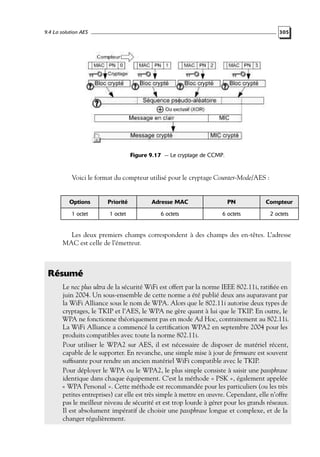 9.4 La solution AES

305

Figure 9.17 — Le cryptage de CCMP.

Voici le format du compteur utilisé pour le cryptage Counter-Mode/AES :

Options

Priorité

Adresse MAC

PN

Compteur

1 octet

1 octet

6 octets

6 octets

2 octets

Les deux premiers champs correspondent à des champs des en-têtes. L’adresse
MAC est celle de l’émetteur.

Résumé
Le nec plus ultra de la sécurité WiFi est offert par la norme IEEE 802.11i, ratiﬁée en
juin 2004. Un sous-ensemble de cette norme a été publié deux ans auparavant par
la WiFi Alliance sous le nom de WPA. Alors que le 802.11i autorise deux types de
cryptages, le TKIP et l’AES, le WPA ne gère quant à lui que le TKIP. En outre, le
WPA ne fonctionne théoriquement pas en mode Ad Hoc, contrairement au 802.11i.
La WiFi Alliance a commencé la certiﬁcation WPA2 en septembre 2004 pour les
produits compatibles avec toute la norme 802.11i.
Pour utiliser le WPA2 sur AES, il est nécessaire de disposer de matériel récent,
capable de le supporter. En revanche, une simple mise à jour de ﬁrmware est souvent
sufﬁsante pour rendre un ancien matériel WiFi compatible avec le TKIP.
Pour déployer le WPA ou le WPA2, le plus simple consiste à saisir une passphrase
identique dans chaque équipement. C’est la méthode « PSK », également appelée
« WPA Personal ». Cette méthode est recommandée pour les particuliers (ou les très
petites entreprises) car elle est très simple à mettre en œuvre. Cependant, elle n’offre
pas le meilleur niveau de sécurité et est trop lourde à gérer pour les grands réseaux.
Il est absolument impératif de choisir une passphrase longue et complexe, et de la
changer régulièrement.

 