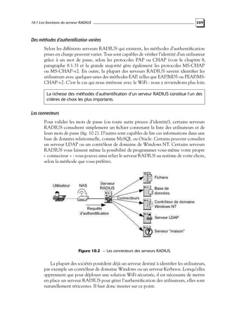10.1 Les fonctions du serveur RADIUS

309

Des méthodes d’authentification variées
Selon les différents serveurs RADIUS qui existent, les méthodes d’authentiﬁcation
prises en charge peuvent varier. Tous sont capables de vériﬁer l’identité d’un utilisateur
grâce à un mot de passe, selon les protocoles PAP ou CHAP (voir le chapitre 8,
paragraphe 8.1.3) et la grande majorité gère également les protocoles MS-CHAP
ou MS-CHAP-v2. En outre, la plupart des serveurs RADIUS savent identiﬁer les
utilisateurs avec quelques-unes des méthodes EAP, telles que EAP/MD5 ou PEAP/MSCHAP-v2. C’est le cas qui nous intéresse avec le WiFi : nous y reviendrons plus loin.
La richesse des méthodes d’authentification d’un serveur RADIUS constitue l’un des
critères de choix les plus importants.

Les connecteurs
Pour valider les mots de passe (ou toute autre preuve d’identité), certains serveurs
RADIUS consultent simplement un ﬁchier contenant la liste des utilisateurs et de
leurs mots de passe (ﬁg. 10.2). D’autres sont capables de lire ces informations dans une
base de données relationnelle, comme MySQL ou Oracle. Certains peuvent consulter
un serveur LDAP ou un contrôleur de domaine de Windows NT. Certains serveurs
RADIUS vous laissent même la possibilité de programmer vous-même votre propre
« connecteur » : vous pouvez ainsi relier le serveur RADIUS au système de votre choix,
selon la méthode que vous préférez.

Figure 10.2 — Les connecteurs des serveurs RADIUS.

La plupart des sociétés possèdent déjà un serveur destiné à identiﬁer les utilisateurs,
par exemple un contrôleur de domaine Windows ou un serveur Kerberos. Lorsqu’elles
apprennent que pour déployer une solution WiFi sécurisée, il est nécessaire de mettre
en place un serveur RADIUS pour gérer l’authentiﬁcation des utilisateurs, elles sont
naturellement réticentes. Il faut donc insister sur ce point.

 