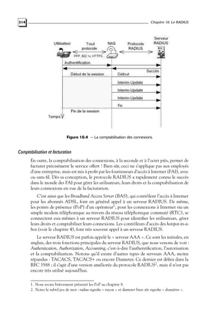 Chapitre 10. Le RADIUS

314

Figure 10.4 — La comptabilisation des connexions.

Comptabilisation et facturation
En outre, la comptabilisation des connexions, à la seconde et à l’octet près, permet de
facturer précisément le service offert ! Bien sûr, ceci ne s’applique pas aux employés
d’une entreprise, mais est mis à proﬁt par les fournisseurs d’accès à Internet (FAI), avec
ou sans ﬁl. Dès sa conception, le protocole RADIUS a rapidement connu le succès
dans le monde des FAI pour gérer les utilisateurs, leurs droits et la comptabilisation de
leurs connexions en vue de la facturation.
C’est ainsi que les Broadband Access Server (BAS), qui contrôlent l’accès à Internet
pour les abonnés ADSL, font en général appel à un serveur RADIUS. De même,
les points de présence (PoP) d’un opérateur1 , pour les connexions à Internet via un
simple modem téléphonique au travers du réseau téléphonique commuté (RTC), se
connectent eux-mêmes à un serveur RADIUS pour identiﬁer les utilisateurs, gérer
leurs droits et comptabiliser leurs connexions. Les contrôleurs d’accès des hotspot-in-abox (voir le chapitre 4), font très souvent appel à un serveur RADIUS.
Le serveur RADIUS est parfois appelé le « serveur AAA ». Ce sont les initiales, en
anglais, des trois fonctions principales du serveur RADIUS, que nous venons de voir :
Authentication, Authorization, Accounting, c’est-à-dire l’authentiﬁcation, l’autorisation
et la comptabilisation. Notons qu’il existe d’autres types de serveurs AAA, moins
répandus : TACACS, TACACS+ ou encore Diameter. Ce dernier est déﬁni dans la
RFC 3588 ; il s’agit d’une version améliorée du protocole RADIUS2 , mais il n’est pas
encore très utilisé aujourd’hui.
1. Nous avons brièvement présenté les PoP au chapitre 8.
2. Notez le subtil jeu de mot : radius signiﬁe « rayon » et diameter bien sûr signiﬁe « diamètre ».

 