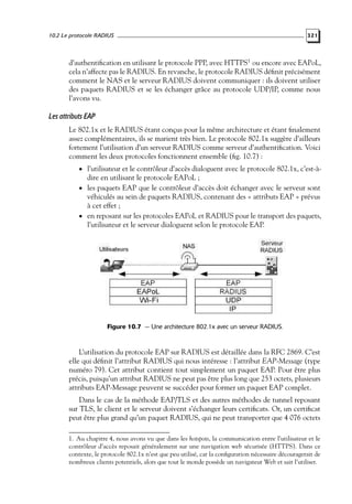 10.2 Le protocole RADIUS

321

d’authentiﬁcation en utilisant le protocole PPP, avec HTTPS1 ou encore avec EAPoL,
cela n’affecte pas le RADIUS. En revanche, le protocole RADIUS déﬁnit précisément
comment le NAS et le serveur RADIUS doivent communiquer : ils doivent utiliser
des paquets RADIUS et se les échanger grâce au protocole UDP/IP, comme nous
l’avons vu.

Les attributs EAP
Le 802.1x et le RADIUS étant conçus pour la même architecture et étant ﬁnalement
assez complémentaires, ils se marient très bien. Le protocole 802.1x suggère d’ailleurs
fortement l’utilisation d’un serveur RADIUS comme serveur d’authentiﬁcation. Voici
comment les deux protocoles fonctionnent ensemble (ﬁg. 10.7) :
• l’utilisateur et le contrôleur d’accès dialoguent avec le protocole 802.1x, c’est-à-

dire en utilisant le protocole EAPoL ;

• les paquets EAP que le contrôleur d’accès doit échanger avec le serveur sont

véhiculés au sein de paquets RADIUS, contenant des « attributs EAP » prévus
à cet effet ;
• en reposant sur les protocoles EAPoL et RADIUS pour le transport des paquets,
l’utilisateur et le serveur dialoguent selon le protocole EAP.

Figure 10.7 — Une architecture 802.1x avec un serveur RADIUS.

L’utilisation du protocole EAP sur RADIUS est détaillée dans la RFC 2869. C’est
elle qui déﬁnit l’attribut RADIUS qui nous intéresse : l’attribut EAP-Message (type
numéro 79). Cet attribut contient tout simplement un paquet EAP. Pour être plus
précis, puisqu’un attribut RADIUS ne peut pas être plus long que 253 octets, plusieurs
attributs EAP-Message peuvent se succéder pour former un paquet EAP complet.
Dans le cas de la méthode EAP/TLS et des autres méthodes de tunnel reposant
sur TLS, le client et le serveur doivent s’échanger leurs certiﬁcats. Or, un certiﬁcat
peut être plus grand qu’un paquet RADIUS, qui ne peut transporter que 4 076 octets
1. Au chapitre 4, nous avons vu que dans les hotspots, la communication entre l’utilisateur et le
contrôleur d’accès reposait généralement sur une navigation web sécurisée (HTTPS). Dans ce
contexte, le protocole 802.1x n’est que peu utilisé, car la conﬁguration nécessaire découragerait de
nombreux clients potentiels, alors que tout le monde possède un navigateur Web et sait l’utiliser.

 