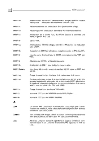 WiFi Professionnel

354

802.11b

Amélioration du 802.11 DSSS, cette variante du WiFi peut atteindre un débit
théorique de 11 Mb/s grâce à la modulation radio HR-DSSS.

802.11c

Précisions destinées aux constructeurs d’AP (pour le mode bridge).

802.11d

Précisions pour les constructeurs de matériel WiFi (internationalisation).

802.11e

Amélioration de la couche MAC du 802.11, destinée à permettre une
meilleure gestion de la QoS.

802.11F

Définit l’IAPP.

802.11g

Amélioration du 802.11b : elle peut atteindre 54 Mb/s grâce à la modulation
radio OFDM.

802.11h

Adaptation du 802.11a à la législation européenne, grâce au TPC et au DFS.

802.11i

Nouvelle norme de sécurité pour le 802.11, en remplacement du WEP. Voir
WPA.

802.11j

Adaptation du 802.11 à la législation japonaise.

802.11k

Amélioration du 802.11 pour faciliter les mesures radio.

802.11legacy

Nom donné à la première version du standard 802.11, publié en 1997. Voir
802.11.

802.11m

Groupe de travail du 802.11 chargé de la maintenance de la norme.

802.11n

Dernière amélioration en date de la couche physique du 802.11, le 802.11n
permet d’atteindre 600 Mb/s, grâce à la technique radio MIMO, à l’utilisation
de bandes de fréquences plus larges et à quelques optimisations de la couche
MAC. Il peut être utilisé à 2,4 GHz ou à 5 GHz.

802.11s

Groupe de travail pour les réseaux WiFi maillés.

802.15

Norme de l’IEEE pour les WPAN (Bluetooth, UWB, ZigBee...).

802.16

Norme de l’IEEE pour les WMAN (WiMAX).

A
AAA

Un serveur AAA (Autorisation, Authentification, Accounting) gère l’authentification des utilisateurs, leurs autorisations et la comptabilisation de leurs
connexions. Voir aussi RADIUS.

Ad Hoc

Dans un réseau WiFi de type Ad Hoc, les stations communiquent directement
entre elles plutôt que par le biais d’un AP. Voir aussi Infrastructure.

AES

Advanced Encryption Standard. Algorithme de cryptage symétrique extrêmement rapide et sûr. La norme de sécurité WPA2 repose sur le TKIP ou
l’AES.

 