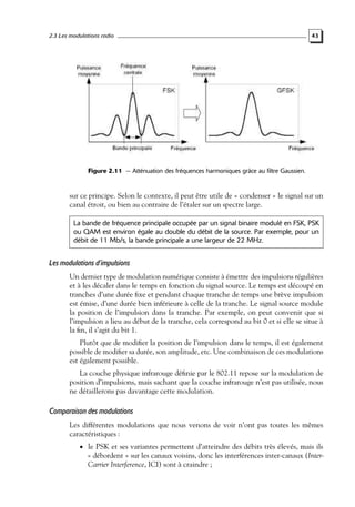 2.3 Les modulations radio

43

Figure 2.11 — Atténuation des fréquences harmoniques grâce au filtre Gaussien.

sur ce principe. Selon le contexte, il peut être utile de « condenser » le signal sur un
canal étroit, ou bien au contraire de l’étaler sur un spectre large.
La bande de fréquence principale occupée par un signal binaire modulé en FSK, PSK
ou QAM est environ égale au double du débit de la source. Par exemple, pour un
débit de 11 Mb/s, la bande principale a une largeur de 22 MHz.

Les modulations d’impulsions
Un dernier type de modulation numérique consiste à émettre des impulsions régulières
et à les décaler dans le temps en fonction du signal source. Le temps est découpé en
tranches d’une durée ﬁxe et pendant chaque tranche de temps une brève impulsion
est émise, d’une durée bien inférieure à celle de la tranche. Le signal source module
la position de l’impulsion dans la tranche. Par exemple, on peut convenir que si
l’impulsion a lieu au début de la tranche, cela correspond au bit 0 et si elle se situe à
la ﬁn, il s’agit du bit 1.
Plutôt que de modiﬁer la position de l’impulsion dans le temps, il est également
possible de modiﬁer sa durée, son amplitude, etc. Une combinaison de ces modulations
est également possible.
La couche physique infrarouge déﬁnie par le 802.11 repose sur la modulation de
position d’impulsions, mais sachant que la couche infrarouge n’est pas utilisée, nous
ne détaillerons pas davantage cette modulation.

Comparaison des modulations
Les différentes modulations que nous venons de voir n’ont pas toutes les mêmes
caractéristiques :
• le PSK et ses variantes permettent d’atteindre des débits très élevés, mais ils

« débordent » sur les canaux voisins, donc les interférences inter-canaux (InterCarrier Interference, ICI) sont à craindre ;

 