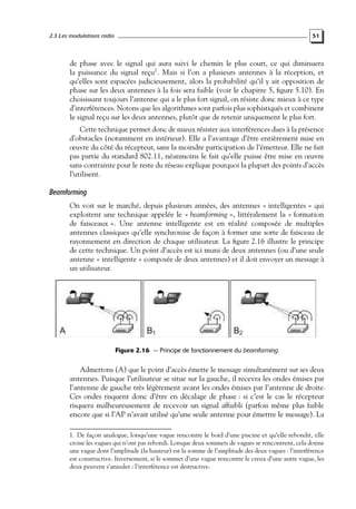 2.3 Les modulations radio

51

de phase avec le signal qui aura suivi le chemin le plus court, ce qui diminuera
la puissance du signal reçu1 . Mais si l’on a plusieurs antennes à la réception, et
qu’elles sont espacées judicieusement, alors la probabilité qu’il y ait opposition de
phase sur les deux antennes à la fois sera faible (voir le chapitre 5, ﬁgure 5.10). En
choisissant toujours l’antenne qui a le plus fort signal, on résiste donc mieux à ce type
d’interférences. Notons que les algorithmes sont parfois plus sophistiqués et combinent
le signal reçu sur les deux antennes, plutôt que de retenir uniquement le plus fort.
Cette technique permet donc de mieux résister aux interférences dues à la présence
d’obstacles (notamment en intérieur). Elle a l’avantage d’être entièrement mise en
œuvre du côté du récepteur, sans la moindre participation de l’émetteur. Elle ne fait
pas partie du standard 802.11, néanmoins le fait qu’elle puisse être mise en œuvre
sans contrainte pour le reste du réseau explique pourquoi la plupart des points d’accès
l’utilisent.

Beamforming
On voit sur le marché, depuis plusieurs années, des antennes « intelligentes » qui
exploitent une technique appelée le « beamforming », littéralement la « formation
de faisceaux ». Une antenne intelligente est en réalité composée de multiples
antennes classiques qu’elle synchronise de façon à former une sorte de faisceau de
rayonnement en direction de chaque utilisateur. La ﬁgure 2.16 illustre le principe
de cette technique. Un point d’accès est ici muni de deux antennes (ou d’une seule
antenne « intelligente » composée de deux antennes) et il doit envoyer un message à
un utilisateur.

Figure 2.16 — Principe de fonctionnement du beamforming.

Admettons (A) que le point d’accès émette le message simultanément sur ses deux
antennes. Puisque l’utilisateur se situe sur la gauche, il recevra les ondes émises par
l’antenne de gauche très légèrement avant les ondes émises par l’antenne de droite.
Ces ondes risquent donc d’être en décalage de phase : si c’est le cas le récepteur
risquera malheureusement de recevoir un signal affaibli (parfois même plus faible
encore que si l’AP n’avait utilisé qu’une seule antenne pour émettre le message). La
1. De façon analogue, lorsqu’une vague rencontre le bord d’une piscine et qu’elle rebondit, elle
croise les vagues qui n’ont pas rebondi. Lorsque deux sommets de vagues se rencontrent, cela donne
une vague dont l’amplitude (la hauteur) est la somme de l’amplitude des deux vagues : l’interférence
est constructive. Inversement, si le sommet d’une vague rencontre le creux d’une autre vague, les
deux peuvent s’annuler : l’interférence est destructive.

 