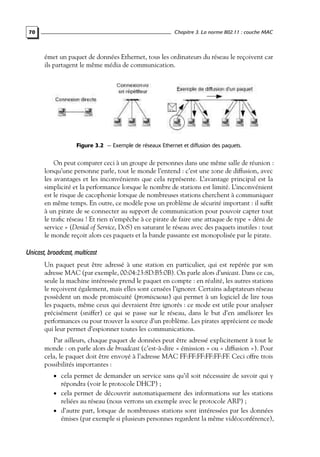 Chapitre 3. La norme 802.11 : couche MAC

70

émet un paquet de données Ethernet, tous les ordinateurs du réseau le reçoivent car
ils partagent le même média de communication.

Figure 3.2 — Exemple de réseaux Ethernet et diffusion des paquets.

On peut comparer ceci à un groupe de personnes dans une même salle de réunion :
lorsqu’une personne parle, tout le monde l’entend : c’est une zone de diffusion, avec
les avantages et les inconvénients que cela représente. L’avantage principal est la
simplicité et la performance lorsque le nombre de stations est limité. L’inconvénient
est le risque de cacophonie lorsque de nombreuses stations cherchent à communiquer
en même temps. En outre, ce modèle pose un problème de sécurité important : il sufﬁt
à un pirate de se connecter au support de communication pour pouvoir capter tout
le traﬁc réseau ! Et rien n’empêche à ce pirate de faire une attaque de type « déni de
service » (Denial of Service, DoS) en saturant le réseau avec des paquets inutiles : tout
le monde reçoit alors ces paquets et la bande passante est monopolisée par le pirate.

Unicast, broadcast, multicast
Un paquet peut être adressé à une station en particulier, qui est repérée par son
adresse MAC (par exemple, 00:04:23:8D:B5:0B). On parle alors d’unicast. Dans ce cas,
seule la machine intéressée prend le paquet en compte : en réalité, les autres stations
le reçoivent également, mais elles sont censées l’ignorer. Certains adaptateurs réseau
possèdent un mode promiscuité (promiscuous) qui permet à un logiciel de lire tous
les paquets, même ceux qui devraient être ignorés : ce mode est utile pour analyser
précisément (sniffer) ce qui se passe sur le réseau, dans le but d’en améliorer les
performances ou pour trouver la source d’un problème. Les pirates apprécient ce mode
qui leur permet d’espionner toutes les communications.
Par ailleurs, chaque paquet de données peut être adressé explicitement à tout le
monde : on parle alors de broadcast (c’est-à-dire « émission » ou « diffusion »). Pour
cela, le paquet doit être envoyé à l’adresse MAC FF:FF:FF:FF:FF:FF. Ceci offre trois
possibilités importantes :
• cela permet de demander un service sans qu’il soit nécessaire de savoir qui y

répondra (voir le protocole DHCP) ;
• cela permet de découvrir automatiquement des informations sur les stations
reliées au réseau (nous verrons un exemple avec le protocole ARP) ;
• d’autre part, lorsque de nombreuses stations sont intéressées par les données
émises (par exemple si plusieurs personnes regardent la même vidéoconférence),

 