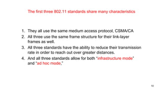 The first three 802.11 standards share many characteristics
1. They all use the same medium access protocol, CSMA/CA
2. All three use the same frame structure for their link-layer
frames as well.
3. All three standards have the ability to reduce their transmission
rate in order to reach out over greater distances.
4. And all three standards allow for both “infrastructure mode”
and “ad hoc mode,”
10
 