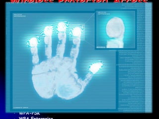 Wireless Protected Access
                       (WPA)
# WPA is a specification of standard based, interoperable
security enhancements that strongly increase the level of data
protection and access control for existing and future wireless
LAN system.
•   User Authentication
    •   802.1x
    •   EAP
# TKIP (Temporal Key Integrity Protocol) encryption
    •   RC4, dynamic encryption keys (session based)
         •   48 bit IV
         •   per packet key mixing function
    •   Fixes all issues found from WEP
•   Uses Message Integrity Code (MIC) Michael
    •   Ensures data integrity
• Old hardware should be upgradeable to WPA
# WPA comes in two flavors
        WPA-PSK
                                                                 22
    •
 