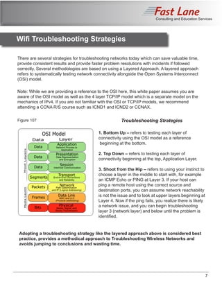 Consulting and Education Services
7
There are several strategies for troubleshooting networks today which can save valuable time,
provide consistent results and provide faster problem resolutions with incidents if followed
correctly. Several methodologies are based on using a Layered Approach. A layered approach
refers to systematically testing network connectivity alongside the Open Systems Interconnect
(OSI) model.
Note: While we are providing a reference to the OSI here, this white paper assumes you are
aware of the OSI model as well as the 4 layer TCP/IP model which is a separate model on the
mechanics of IPv4. If you are not familiar with the OSI or TCP/IP models, we recommend
attending a CCNA R/S course such as ICND1 and ICND2 or CCNAX.
Troubleshooting Strategies
1. Bottom Up – refers to testing each layer of
connectivity using the OSI model as a reference
beginning at the bottom.
2. Top Down – refers to testing each layer of
connectivity beginning at the top, Application Layer.
3. Shoot from the Hip – refers to using your instinct to
choose a layer in the middle to start with, for example
an ICMP Echo or PING at Layer 3. If your host can
ping a remote host using the correct source and
destination ports, you can assume network reachability
is not the issue and to look at upper layers beginning at
Layer 4. Now if the ping fails, you realize there is likely
a network issue, and you can begin troubleshooting
layer 3 (network layer) and below until the problem is
identified.
Figure 107
Adopting a troubleshooting strategy like the layered approach above is considered best
practice, provides a methodical approach to Troubleshooting Wireless Networks and
avoids jumping to conclusions and wasting time.
	 Wifi Troubleshooting Strategies
 