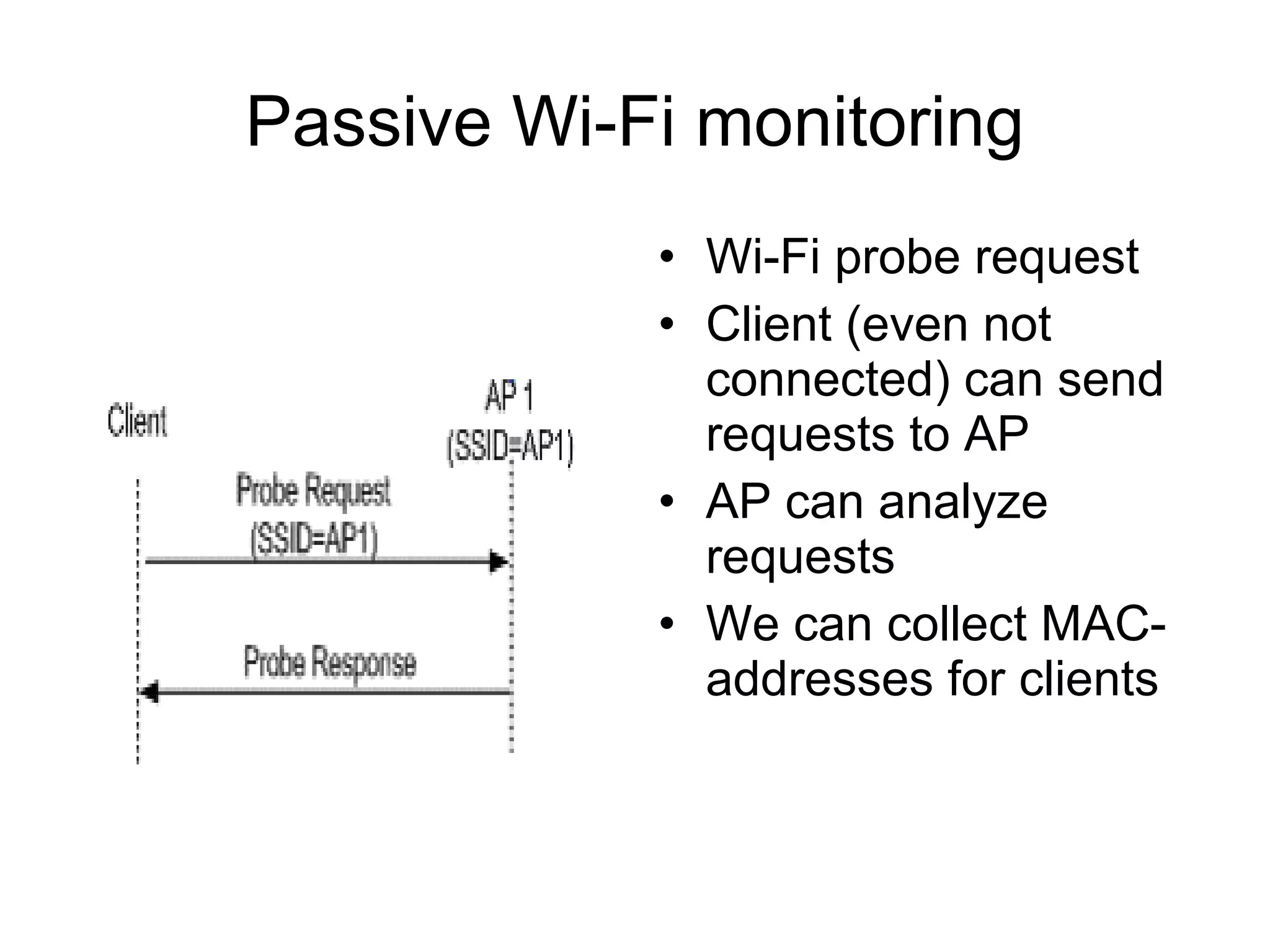 Passive Wi-Fi monitoring
• Wi-Fi probe request
• Client (even not
connected) can send
requests to AP
• AP can analyze
requests
• We can collect MAC-
addresses for clients
 