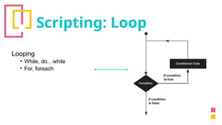 Scripting: Loop
Looping
• While, do…while
• For, foreach
 