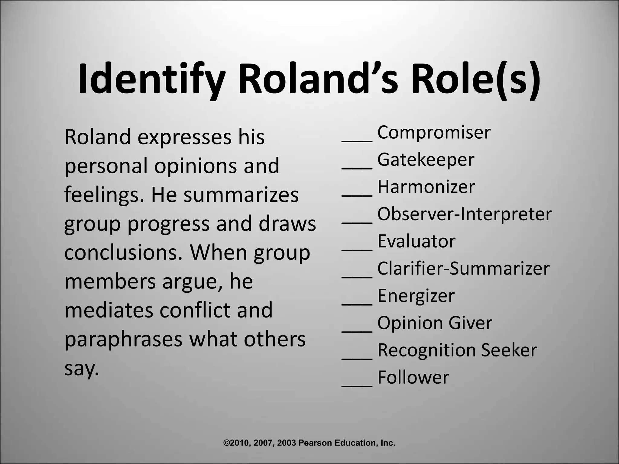 ©2010, 2007, 2003 Pearson Education, Inc.
Identify Roland’s Role(s)
Roland expresses his
personal opinions and
feelings. He summarizes
group progress and draws
conclusions. When group
members argue, he
mediates conflict and
paraphrases what others
say.
___ Compromiser
___ Gatekeeper
___ Harmonizer
___ Observer-Interpreter
___ Evaluator
___ Clarifier-Summarizer
___ Energizer
___ Opinion Giver
___ Recognition Seeker
___ Follower
 