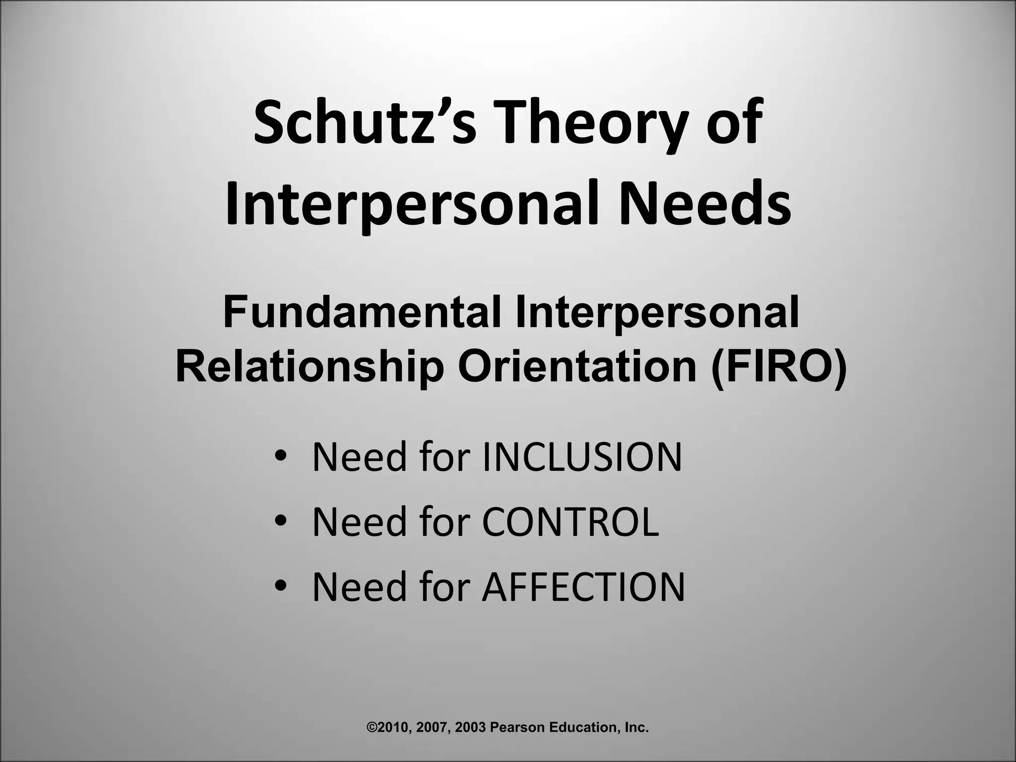 ©2010, 2007, 2003 Pearson Education, Inc.
Schutz’s Theory of
Interpersonal Needs
• Need for INCLUSION
• Need for CONTROL
• Need for AFFECTION
Fundamental Interpersonal
Relationship Orientation (FIRO)
 