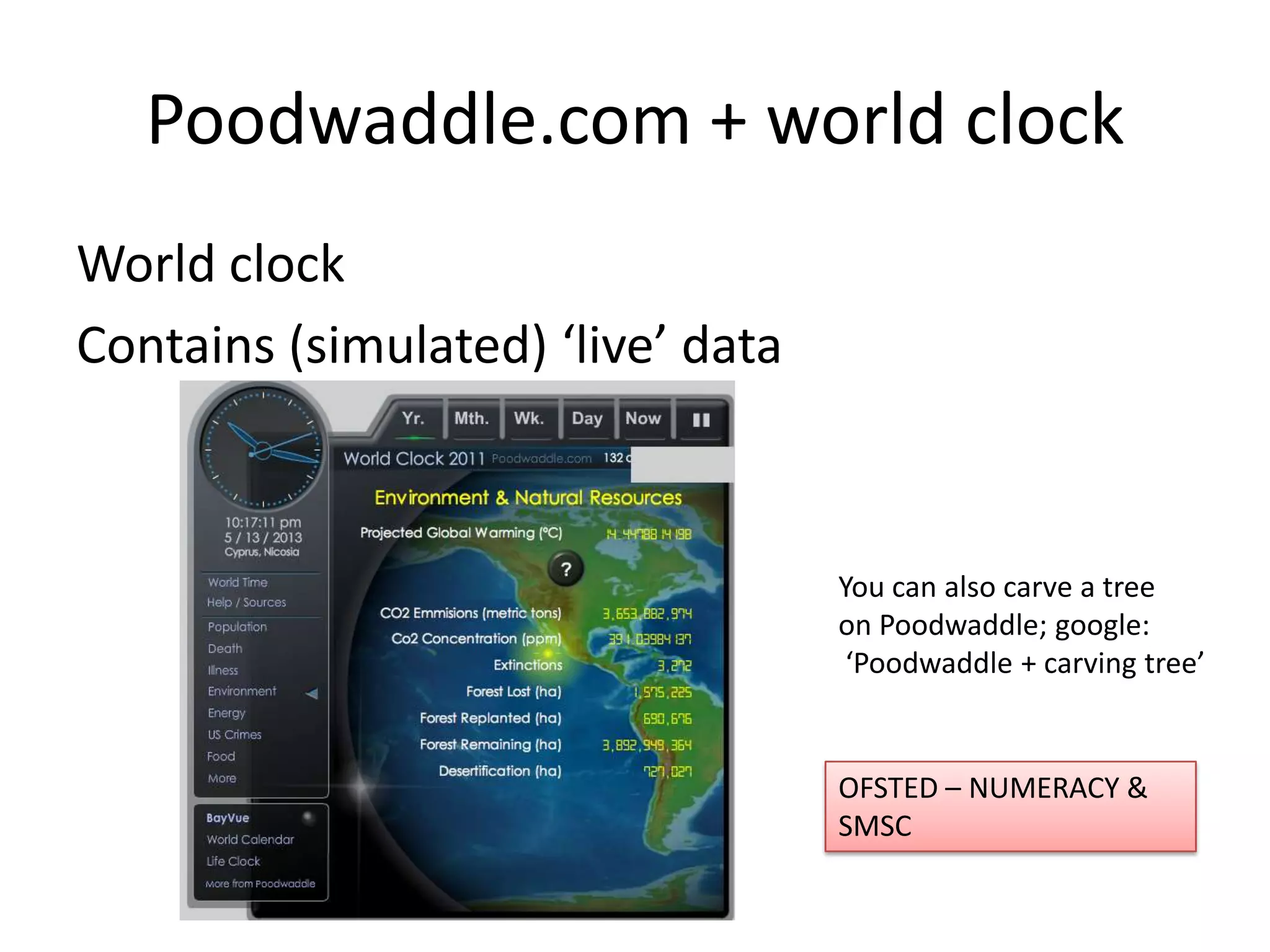 Poodwaddle.com + world clock
World clock
Contains (simulated) ‘live’ data
You can also carve a tree
on Poodwaddle; google:
‘Poodwaddle + carving tree’
OFSTED – NUMERACY &
SMSC
 