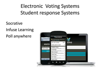 Electronic Voting Systems
Student response Systems
Socrative
Infuse Learning
Poll anywhere
 