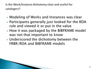 } Modeling of Works and Instances was clear
} Participants generally just looked for the RDA
rule and viewed it or put in the value
} How it was packaged by the BIBFRAME model
was not that important to know
} Underscored the dichotomy between the
FRBR/RDA and BIBFRAME models
23
 