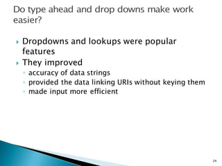 } Dropdowns and lookups were popular
features
} They improved
◦ accuracy of data strings
◦ provided the data linking URIs without keying them
◦ made input more efficient
24
 