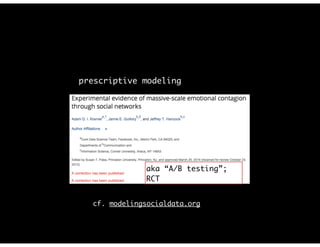 prescriptive modeling
aka “A/B testing”;
RCT
cf. modelingsocialdata.org
 