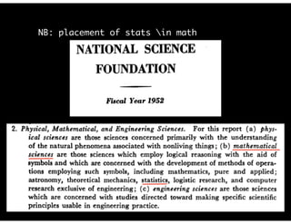 NB: placement of stats in math
“Data Analysis… what can be learned from 50 years”
Huber, 2012
 