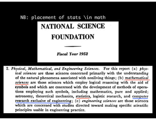 NB: placement of stats in math
“Data Analysis… what can be learned from 50 years”
Huber, 2012
 