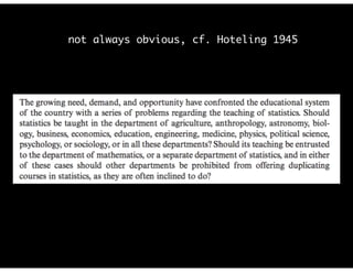 not always obvious, cf. Hoteling 1945
“Data Analysis… what can be learned from 50 years”
Huber, 2012
 