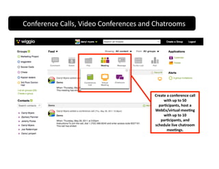 Conference Calls, Video Conferences and Chatrooms 




                                        Create a conference call 
                                             with up to 50 
                                          par)cipants, host a 
                                        WebEx/virtual mee)ng 
                                             with up to 10 
                                           par)cipants, and 
                                        schedule live chatroom 
                                               mee)ngs.  
 