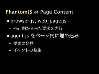 PhantomJS    Page Content
• browser.js, web_page.js 
 - Perl 側から来た要求を実行
• agent.js をページ内に埋め込み
- 要素の発見
- イベントの発生
 