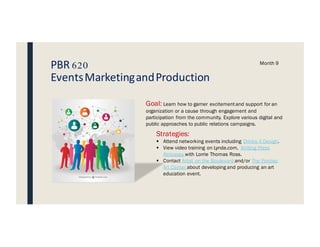 PBR 620
EventsMarketingandProduction
Month 9
Goal: Learn how to garner excitement and support for an
organization or a cause through engagement and
participation from the community. Explore various digital and
public approaches to public relations campaigns.
Strategies:
§ Attend networking events including Drinks X Design.
§ View video training on Lynda.com, Writing Press
Releases with Lorrie Thomas Ross.
§ Contact Artist on the Boulevard and/or The Pontiac
Art Center about developing and producing an art
education event.
 