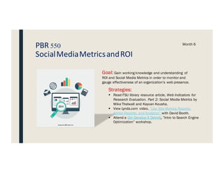PBR 550
SocialMediaMetricsandROI
Month 6
Goal: Gain working knowledge and understanding of
ROI and Social Media Metrics in order to monitor and
gauge effectiveness of an organization’s web presence.
Strategies:
§ Read FSU library resource article, Web Indicators for
Research Evaluation. Part 2: Social Media Metrics by
Mike Thelwall and Kayvan Kousha.
§ View Lynda.com video, “Use Site Metrics Reports,
Adobe Reports, and Analytics” with David Booth.
§ Attend a Girl Develop It Detroit, ”Intro to Search Engine
Optimization” workshop.
SEO
 