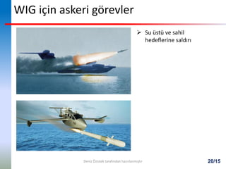 20/15
WIG için askeri görevler
 Su üstü ve sahil
hedeflerine saldırı
Deniz Özistek tarafından hazırlanmıştır
 