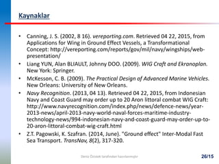 26/15
• Canning, J. S. (2002, 8 16). vereporting.com. Retrieved 04 22, 2015, from
Applications for Wing in Ground Effect Vessels, a Transformational
Concept: http://vereporting.com/reports/gov/mil/navy/wingships/web-
presentation/
• Liang YUN, Alan BLIAULT, Johnny DOO. (2009). WIG Craft and Ekranoplan.
New York: Springer.
• McKesson, C. B. (2009). The Practical Design of Advanced Marine Vehicles.
New Orleans: University of New Orleans.
• Navy Recognition. (2013, 04 13). Retrieved 04 22, 2015, from Indonesian
Navy and Coast Guard may order up to 20 Aron littoral combat WIG Craft:
http://www.navyrecognition.com/index.php/news/defence-news/year-
2013-news/april-2013-navy-world-naval-forces-maritime-industry-
technology-news/994-indonesian-navy-and-coast-guard-may-order-up-to-
20-aron-littoral-combat-wig-craft.html
• Z.T. Pagowski, K. Szafran. (2014, June). "Ground effect" Inter-Modal Fast
Sea Transport. TransNav, 8(2), 317-320.
Kaynaklar
Deniz Özistek tarafından hazırlanmıştır
 