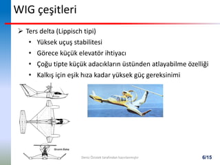 6/15
WIG çeşitleri
 Ters delta (Lippisch tipi)
• Yüksek uçuş stabilitesi
• Görece küçük elevatör ihtiyacı
• Çoğu tipte küçük adacıkların üstünden atlayabilme özelliği
• Kalkış için eşik hıza kadar yüksek güç gereksinimi
Deniz Özistek tarafından hazırlanmıştır
 