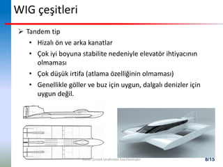 8/15
WIG çeşitleri
 Tandem tip
• Hizalı ön ve arka kanatlar
• Çok iyi boyuna stabilite nedeniyle elevatör ihtiyacının
olmaması
• Çok düşük irtifa (atlama özelliğinin olmaması)
• Genellikle göller ve buz için uygun, dalgalı denizler için
uygun değil.
Deniz Özistek tarafından hazırlanmıştır
 