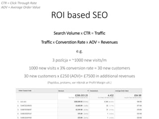 ROI based SEO
Search Volume x CTR = Traffic
Traffic x Converstion Rate x AOV = Revenues
e.g.
3 pozīcja = ~1000 new visits/m
1000 new visits x 3% conversion rate = 30 new customers
30 new customers x £250 (AOV)= £7500 in additional revenues
(Papildus, protams, var rēķināt ar Profit Margin utt.)
CTR = Click Through Rate
AOV = Average Order Value
 