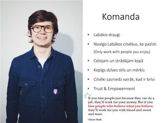 Komanda
• Labākie draugi
• Noalgo Labākos cilvēkus, ko pazīsti
(Only work with people you enjoy)
• Ceļojam un strādājam kopā
• Kopīgs dzīves stils un mērķis
• Cilvēki sasniedz vairāk, kad ir brīvi
• Trust & Empowerment
 