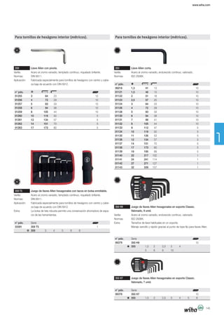 www.wiha.com
145
Para tornillos de hexágono interior (métricos).
359 Llave Allen con pivote.
Varilla: Acero al cromo-vanadio, templado continuo, niquelado brillante.
Normas: DIN 6911.
-
n° pdo.
01255 3 64 23 10
01256 4 72 29 10
01257 5 83 33 10
01258 6 94 38 10
01259 8 105 44 10
01260 10 119 50 5
01261 12 134 57 5
01262 14 151 70 5
01263 17 173 80 5
359 T5 Juego de llaves Allen hexagonales con tacos en bolsa enrollable.
Varilla: Acero al cromo-vanadio, templado continuo, niquelado brillante.
Normas: DIN 6911.
-
Extra: La bolsa de tela robusta permite una conservación ahorradora de espa-
cio de las herramientas.
n° pdo. Serie
33391 359 T5 1
359 3 4 5 6 8
Para tornillos de hexágono interior (métricos).
350 Llave Allen corta.
Varilla: Acero al cromo-vanadio, endurecido continuo, valonado.
Normas: ISO 2936K.
n° pdo.
06218 1,3 41 13 10
01121 1,5 46 15 10
01122 2 51 18 10
01123 2,5 57 20 10
01124 3 64 23 10
01126 4 72 29 10
01128 5 83 33 10
01130 6 94 38 10
01131 7 99 41 10
01132 8 105 44 10
01133 9 112 47 5
01134 10 119 50 5
01135 11 126 53 5
01136 12 134 57 5
01137 14 151 70 5
01138 17 173 80 5
01139 19 195 89 5
01140 22 217 102 1
01141 24 241 114 1
01142 27 271 127 1
01143 32 339 157 1
350 H9 Juego de llaves Allen hexagonales en soporte Classic.
Valonado, 9 unid.
Varilla: Acero al cromo-vanadio, endurecido continuo, valonado.
Normas: ISO 2936K.
Extra: Tamaños de llave habituales en un soporte.
n° pdo. Serie
06379 350 H9 10
350 1,5 2 2,5 3 4
5 6 8 10
350 H7 Juego de llaves Allen hexagonales en soporte Classic.
Valonado, 7 unid.
n° pdo. Serie
06378 350 H7 10
350 1,5 2 2,5 3 4 5 6
 