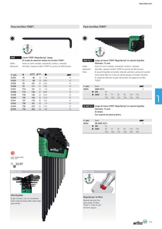 www.wiha.com
149
Para tornillos TORX®
.
366R Llaves TORX®
MagicSpring®
, largas.
El muelle de retención retiene los tornillos TORX®
.
Varilla: Acero al cromo-vanadio, endurecido continuo, valonado.
Aplicación: Atornillar y apretar tornillos TORX®
en puntos de difícil acceso.
n° pdo.
31233 T6 80 15 1/16 10
31234 T7 88 18 5/64 10
31235 T8 101 20 3/32 10
31236 T9 111 21 7/64 10
31237 T10 121 23 1/8 10
31238 T15 136 27 9/64 10
31239 T20 148 29 5/32 10
31240 T25 163 33 3/16 10
31241 T27 176 36 7/32 10
31242 T30 191 38 1/4 10
31243 T40 210 43 5/16 10
31244 T45 232 49 3/8 10
Para tornillos TORX®
.
366R HZ13 Juego de llaves TORX®
MagicSpring®
en soporte ErgoStar.
Valonado, 13 unid.
Varilla: Acero al cromo-vanadio, endurecido continuo, valonado.
Aplicación: Atornillar y apretar tornillos TORX®
en puntos de difícil acceso.
Extra: El soporte ErgoStar de tamaño reducido permite la extracción sencilla
TORX®
.
n° pdo. Serie
36503 366R HZ13 5
366 T5
366R T6 T7 T8 T9 T10 T15
T20 T25 T27 T30 T40 T45
SB 366R HZ13 Juego de llaves TORX®
MagicSpring®
en soporte ErgoStar.
Valonado, 13 unid.
En blíster.
Con soporte de pared práctico.
n° pdo. Serie
36504 SB 366R HZ13 5
366 T5
366R T6 T7 T8 T9 T10 T15
T20 T25 T27 T30 T40 T45
MagicSpring®
de Wiha:
Resorte de acero fino
TORX®
y TORX PLUS®
de forma segura.
Wiha Info
Wiha ErgoStar
El giro correcto: con un movimiento
fluido todas las llaves Allen están listas
para extraer.
Wiha Info
 