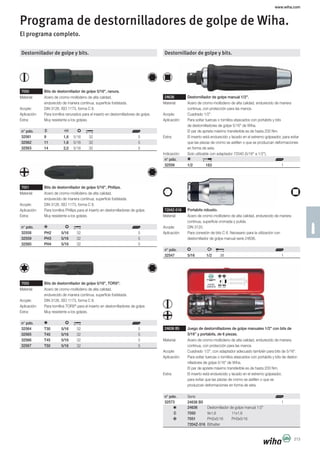 www.wiha.com
213
Destornillador de golpe y bits.
7050 Bits de destornillador de golpe 5/16", ranura.
Material: Acero de cromo-molibdeno de alta calidad,
endurecido de manera continua, superficie fosfatada.
Acople: DIN 3126, ISO 1173, forma C 8.
Aplicación: Para tornillos ranurados para el inserto en destornilladores de golpe.
Extra: Muy resistente a los golpes.
n° pdo.
32561 9 1,6 5/16 32 5
32562 11 1,6 5/16 32 5
32563 14 2,0 5/16 32 5
7051 Bits de destornillador de golpe 5/16", Phillips.
Material: Acero de cromo-molibdeno de alta calidad,
endurecido de manera continua, superficie fosfatada.
Acople: DIN 3126, ISO 1173, forma C 8.
Aplicación: Para tornillos Phillips para el inserto en destornilladores de golpe.
Extra: Muy resistente a los golpes.
n° pdo.
32558 PH2 5/16 32 5
32559 PH3 5/16 32 5
32560 PH4 5/16 32 5
7055 Bits de destornillador de golpe 5/16", TORX®
.
Material: Acero de cromo-molibdeno de alta calidad,
endurecido de manera continua, superficie fosfatada.
Acople: DIN 3126, ISO 1173, forma C 8.
Aplicación: Para tornillos TORX®
para el inserto en destornilladores de golpe.
Extra: Muy resistente a los golpes.
n° pdo.
32564 T30 5/16 32 5
32565 T40 5/16 32 5
32566 T45 5/16 32 5
32567 T50 5/16 32 5
Destornillador de golpe y bits.
24636 Destornillador de golpe manual 1/2".
Material: Acero de cromo-molibdeno de alta calidad, endurecido de manera
continua, con protección para las manos.
Acople: Cuadrado 1/2".
Aplicación: Para soltar tuercas o tornillos atascados con portabits y bits
de destornilladores de golpe 5/16" de Wiha.
El par de apriete máximo transferible es de hasta 200 Nm.
Extra: El inserto está endurecido y lacado en el extremo golpeador, para evitar
que las piezas de cromo se astillen o que se produzcan deformaciones
en forma de seta.
Indicación: Solo utilizable con adaptador 72040 (5/16" a 1/2").
n° pdo.
32556 1/2 163 1
7204Z-516 Portabits robusto.
Material: Acero de cromo-molibdeno de alta calidad, endurecido de manera
continua, superficie cromada y pulida.
Acople: DIN 3120.
Aplicación: Para conexión de bits C 8. Necesario para la utilización con
destornillador de golpe manual serie 24636.
n° pdo.
32547 5/16 1/2 38 1
Programa de destornilladores de golpe de Wiha.
El programa completo.
24636 B5 Juego de destornilladores de golpe manuales 1/2" con bits de
5/16” y portabits, de 6 piezas.
Material: Acero de cromo-molibdeno de alta calidad, endurecido de manera
continua, con protección para las manos.
Acople: Cuadrado 1/2", con adaptador adecuado también para bits de 5/16".
Aplicación: Para soltar tuercas o tornillos atascados con portabits y bits de destor-
nilladores de golpe 5/16" de Wiha.
El par de apriete máximo transferible es de hasta 200 Nm.
Extra: El inserto está endurecido y lacado en el extremo golpeador,
para evitar que las piezas de cromo se astillen o que se
produzcan deformaciones en forma de seta.
n° pdo. Serie
32573 24636 B5 1
24636 Destornillador de golpe manual 1/2"
7050 9x1,6 11x1,6
7051 PH2x5/16 PH3x5/16
7204Z-516 Bithalter
 