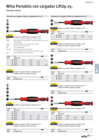 NUEVO
NUEVO
NUEVO
NUEVO
NUEVO
NUEVO
NUEVO
NUEVO
NUEVO
NUEVO
www.wiha.com
225
Portabits con cargador LiftUp 25, magnético de 1/4".
3803 02-020 Portabits con cargador LiftUp 25, magnético de 1/4".
Varilla: Acero al cromo-vanadio de alto grado, templado continuo.
Mango: Mango ergonómico Wiha SoftFinish®
, multicomponente con protección
contra rodadura.
Sujeción: De acero inoxidable, con imán de neodimio potente.
Punta: DIN 3126, ISO 1173, forma D 6,3.
Bits: 25 mm Standard-Bits.
Aplicación: Alternativa a juego de destornilladores.
12 bits alojados de forma compacta en el cuerpo del mango.
Extra: Para funcionamiento manual o mecánico.
n° pdo. Serie
38600 3803 02-020 5
7010 Z 1x4,5 1x6,5
7011 Z 1xPH1 1xPH2 1xPH3
7012 Z 1xPZ1 1xPZ2 1xPZ3
7015 Z 1xT15 1xT20 1xT25 1xT30
SB 3803 02-020 Portabits con cargador LiftUp 25, magnético de 1/4".
Embalaje en blíster con agujero para colgar.
n° pdo. Serie
38605 SB 3803 02-020 5
3803 02-021 Portabits con cargador LiftUp 25, magnético de 1/4".
n° pdo. Serie
38601 3803 02-021 5
7010 Z 1x5,5
7011 Z 1xPH2
7012 Z 1xPZ1 1xPZ2 1xPZ3
7015 Z 1xT15 1xT20 1xT25 1xT30
7013 Z 1x3,0 1x4,0 1x5,0
SB 3803 02-021 Portabits con cargador LiftUp 25, magnético de 1/4".
Embalaje en blíster con agujero para colgar.
n° pdo. Serie
38606 SB 3803 02-021 5
Portabits con cargador LiftUp 25, magnético de 1/4".
3803 02-022 Portabits con cargador LiftUp 25, magnético de 1/4".
n° pdo. Serie
38602 3803 02-022 5
7012 Z 1xPZ1 2xPZ2 1xPZ3
7015 Z 1xT10 1xT15 2xT20 2xT25
1xT30 1xT40
SB 3803 02-022 Portabits con cargador LiftUp 25, magnético de 1/4".
Embalaje en blíster con agujero para colgar.
n° pdo. Serie
38607 SB 3803 02-022 5
3803 02-023 Portabits con cargador LiftUp 25, magnético de 1/4".
n° pdo. Serie
38603 3803 02-023 5
7011 Z 1xPH1 1xPH2 1xPH3
7012 Z 1xPZ1 1xPZ2 1xPZ3
7015 Z 1xT10 1xT15 1xT20 2xT25
1xT30 1xT40
SB 3803 02-023 Portabits con cargador LiftUp 25, magnético de 1/4".
Embalaje en blíster con agujero para colgar.
n° pdo. Serie
38608 SB 3803 02-023 5
Wiha Portabits con cargador LiftUp 25.
Todo bajo control.
3803 02-024 Portabits con cargador LiftUp 25, magnético de 1/4".
n° pdo. Serie
38604 3803 02-024 5
7011 Z 2xPH2
7012 Z 1xPZ1 5xPZ2 1xPZ3
7015 Z 1xT15 1xT20 1xT25
SB 3803 02-024 Portabits con cargador LiftUp 25, magnético de 1/4".
Embalaje en blíster con agujero para colgar.
n° pdo. Serie
38609 SB 3803 02-024 5
 