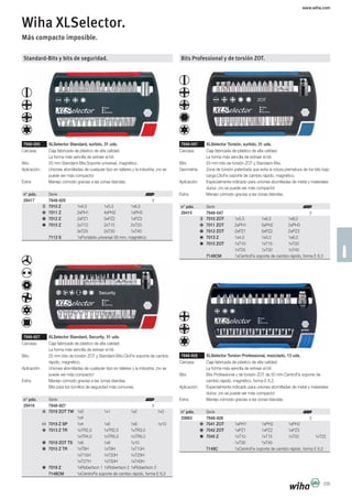 www.wiha.com
235
Standard-Bits y bits de seguridad.
7948-005 XLSelector Standard, surtido, 31 uds.
Carcasa: Caja fabricada de plástico de alta calidad.
La forma más sencilla de extraer el bit.
Bits: 25 mm Standard-Bits.Soporte universal, magnético.
Aplicación: Uniones atornilladas de cualquier tipo en talleres y la industria; ¡no se
puede ser más compacto!
Extra: Manejo cómodo gracias a las zonas blandas.
n° pdo. Serie
29417 7948-005 5
7010 Z 1x4,5 1x5,5 1x6,5
7011 Z 2xPH1 4xPH2 1xPH3
7012 Z 2xPZ1 5xPZ2 1xPZ3
7015 Z 2xT10 2xT15 2xT20
3xT25 2xT30 1xT40
7113 S 1xPortabits universal 58 mm, magnético
7948-927 XLSelector Standard, Security, 31 uds.
Carcasa: Caja fabricada de plástico de alta calidad.
La forma más sencilla de extraer el bit.
Bits: 25 mm bits de torsión ZOT y Standard-Bits.ClicFix soporte de cambio
rápido, magnético.
Aplicación: Uniones atornilladas de cualquier tipo en talleres y la industria; ¡no se
puede ser más compacto!
Extra: Manejo cómodo gracias a las zonas blandas.
Bits para los tornillos de seguridad más comunes.
n° pdo. Serie
29416 7948-927 5
7019 ZOT TW 1x0 1x1 1x2 1x3
1x4
7019 Z SP 1x4 1x6 1x8 1x10
7013 Z TR 1xTR2,0 1xTR2,5 1xTR3,0
1xTR4,0 1xTR5,0 1xTR6,0
7019 ZOT TS 1x6 1x8 1x10
7015 Z TR 1xT8H 1xT9H 1xT10H
1xT15H 1xT20H 1xT25H
1xT27H 1xT30H 1xT40H
7018 Z 1xRobertson 1 1xRobertson 2 1xRobertson 3
7148CM 1xCentroFix soporte de cambio rápido, forma E 6,3
Wiha XLSelector.
Más compacto imposible.
Bits Professional y de torsión ZOT.
7948-047 XLSelector Torsión, surtido, 31 uds.
Carcasa: Caja fabricada de plástico de alta calidad.
La forma más sencilla de extraer el bit.
Bits: 25 mm bits de torsión ZOT y Standard-Bits.
Geometría: Zona de torsión patentada que evita la rotura prematura de los bits bajo
carga.ClicFix soporte de cambio rápido, magnético.
Aplicación: Especialmente indicado para uniones atornilladas de metal y materiales
duros; ¡no se puede ser más compacto!
Extra: Manejo cómodo gracias a las zonas blandas.
n° pdo. Serie
29415 7948-047 5
7010 ZOT 1x5,5 1x6,5 1x8,0
7011 ZOT 2xPH1 5xPH2 2xPH3
7012 ZOT 2xPZ1 5xPZ2 2xPZ3
7013 Z 1x4,0 1x5,0 1x6,0
7015 ZOT 1xT10 1xT15 1xT20
1xT25 1xT30 1xT40
7148CM 1xCentroFix soporte de cambio rápido, forma E 6,3
7948-928 XLSelector Torsion Professional, mezclado, 13 uds.
Carcasa: Caja fabricada de plástico de alta calidad.
La forma más sencilla de extraer el bit.
Bits: Bits Professional y de torsión ZOT de 50 mm.CentroFix soporte de
cambio rápido, magnético, forma E 6,3.
Aplicación: Especialmente indicado para uniones atornilladas de metal y materiales
duros; ¡no se puede ser más compacto!
Extra: Manejo cómodo gracias a las zonas blandas.
n° pdo. Serie
33663 7948-928 5
7041 ZOT 1xPH1 1xPH2 1xPH3
7042 ZOT 1xPZ1 1xPZ2 1xPZ3
7045 Z 1xT10 1xT15 1xT20 1xT25
1xT30 1xT40
7148C 1xCentroFix soporte de cambio rápido, forma E 6,3
 