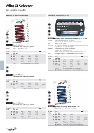 236
Expositor de mostrador XSelector.
7948 VB1 Expositor XLSelector.
Expositor de vidrio acrílico con 6 unidades.
Tamaño: 25 x 12 x 34 cm (An x Pr x Al)
n° pdo. Serie
29541 7948 VB1 1
7010 Z 1x4,5 1x5,5 1x6,5
7011 Z 2xPH1 4xPH2 1xPH3
7012 Z 2xPZ1 5xPZ2 1xPZ3
7015 Z 2xT10 2xT15 2xT20
3xT25 2xT30 1xT40
7113 S 1xPortabits universal 58 mm magnético
7948 VB2 Expositor XLSelector.
Expositor de vidrio acrílico con 6 unidades.
n° pdo. Serie
36165 7948 VB2 1
7012 HOT 3xPZ1 10xPZ2 2xPZ3
7015 Z 2xT10 2xT15 3xT20 4xT25
2xT30 2xT40
7113 S 1xPortabits universal 58 mm magnético
7948 VB3 Expositor XLSelector.
Expositor de vidrio acrílico con 6 unidades.
n° pdo. Serie
36166 7948 VB3 1
7041 ZOT 1xPH1 1xPH2 1xPH3
7042 ZOT 1xPZ1 1xPZ2 1xPZ3
7045 Z 1xT10 1xT15 1xT20 1xT25
1xT30 1xT40
7148C 1xCentroFix soporte de cambio rápido forma E 6
XLSelector con trinquete de bits.
7948-043 XLSelector Torsion, mezclado, con trinquete de bits 1/4", 17 uds.
Carcasa: Caja fabricada de plástico de alta calidad.
Extracción sencilla de los bits y los trinquetes garantizada.
Bits: Bits Z y ZOT de 25 mm.
Geometría: Zona de torsión patentada que evita la rotura prematura de los bits bajo
carga. Portabits universal 1/4", magnético.
Aplicación: Gama universal para uniones atornilladas de
cualquier tipo en el taller y la industria.
Ámbito de aplicación ampliado gracias al práctico trinquete de bits.
Extra: El portabits universal 1/4" puede utilizarse como prolongación.
n° pdo. Serie
36951 7948-043 5
7011 ZOT 1xPH1 1xPH2
7012 ZOT 1xPZ1 1xPZ2 1xPZ3
7013 Z 1x3,0 1x4,0 1x5,0 1x6,0
7015 ZOT 1xT10 1xT15 1xT20 1xT25
1xT30 1xT40
7113 S 1xPortabits universal 58 mm, magnético
SB 2463 001 1xTrinquete de bits 1/4", con rueda dentada
Wiha XLSelector.
Más compacto imposible.
7948 VB4 XLSelector con trinquete de bits, expositor, 6 uds.
Expositor de vidrio acrílico con 6 unidades.
n° pdo. Serie
36929 7948 VB4 1
7011 ZOT 1xPH1 1xPH2
7012 ZOT 1xPZ1 1xPZ2 1xPZ3
7013 Z 1x3,0 1x4,0 1x5,0 1x6,0
7015 ZOT 1xT10 1xT15 1xT20 1xT25
1xT30 1xT40
7113 S 1xPortabits universal 58 mm magnético
SB 2463 001 1xTrinquete de bits 1/4" con rueda dentada
 