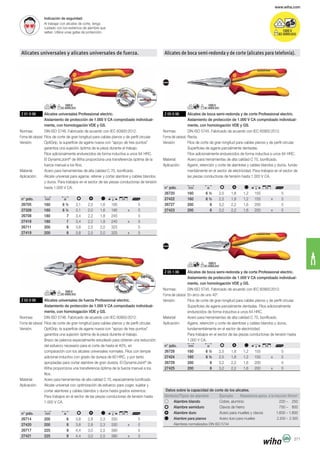 www.wiha.com
271
Indicación de seguridad:
Al trabajar con alicates de corte, tenga
Alicates universales y alicates universales de fuerza.
Z 01 0 06 Alicates universales Professional electric.
Aislamiento de protección de 1.000 V CA comprobado individual-
mente, con homologación VDE y GS.
Forma del cabezal: Filos de corte de gran longitud para cables planos y de perfil circular.
Filos adicionalmente endurecidos de forma inductiva a unos 64 HRC.
El DynamicJoint®
fuerza manual a los filos.
hasta 1.000 V CA.
n° pdo.
26705 160 6 ½ 3,1 2,0 1,6 195 5
27328 160 6 ½ 3,1 2,0 1,6 195 x 5
26708 180 7 3,4 2,2 1,8 245 5
27418 180 7 3,4 2,2 1,8 245 x 5
26711 200 8 3,8 2,5 2,0 325 5
27419 200 8 3,8 2,5 2,0 325 x 5
Z 02 0 06 Alicates universales de fuerza Professional electric.
Aislamiento de protección de 1.000 V CA comprobado individual-
mente, con homologación VDE y GS.
Forma del cabezal: Filos de corte de gran longitud para cables planos y de perfil circular.
del esfuerzo necesario para el corte de hasta el 40%, en
adicional inductivo con grado de dureza de 60 HRC, y por tanto
apropiadas para cortar alambre de gran dureza. El DynamicJoint®
de
filos.
Acero para herramientas de alta calidad C 70, especialmente bonificado.
cortar alambres y cables blandos y duros hasta grados extremos.
1.000 V CA.
n° pdo.
26714 200 8 3,8 2,8 2,3 330 5
27420 200 8 3,8 2,8 2,3 330 x 5
26717 225 9 4,4 3,0 2,5 390 5
27421 225 9 4,4 3,0 2,5 390 x 5
Alicates de boca semi-redonda y de corte (alicates para telefonía).
Z 05 0 06 Alicates de boca semi-redonda y de corte Professional electric.
Aislamiento de protección de 1.000 V CA comprobado individual-
mente, con homologación VDE y GS.
Forma del cabezal: Recta.
Filos adicionalmente endurecidos de forma inductiva a unos 64 HRC.
n° pdo.
26720 160 6 ½ 2,5 1,8 1,2 155 5
27422 160 6 ½ 2,5 1,8 1,2 155 x 5
26727 200 8 3,2 2,2 1,6 200 5
27423 200 8 3,2 2,2 1,6 200 x 5
Z 05 1 06 Alicates de boca semi-redonda y de corte Professional electric.
Aislamiento de protección de 1.000 V CA comprobado individual-
mente, con homologación VDE y GS.
Forma del cabezal: En arco de uno 40°.
endurecidos de forma inductiva a unos 64 HRC.
fundamentalmente en el sector de electricidad.
1.000 V CA.
n° pdo.
26728 160 6 ½ 2,5 1,8 1,2 155 5
27424 160 6 ½ 2,5 1,8 1,2 155 x 5
26729 200 8 3,2 2,2 1,6 200 5
27425 200 8 3,2 2,2 1,6 200 x 5
Datos sobre la capacidad de corte de los alicates.
Símbolo/Tipos de alambre Ejemplo Resistencia aprox. a la tracción N/mm2
Alambre blando Cobre, aluminio 220 – 250
Alambre semiduro Clavos de hierro 750 – 800
Alambre duro Acero para muelles y clavos 1.600 – 1.800
Alambre para pianos Acero duro para muelles 2.200 – 2.300
 