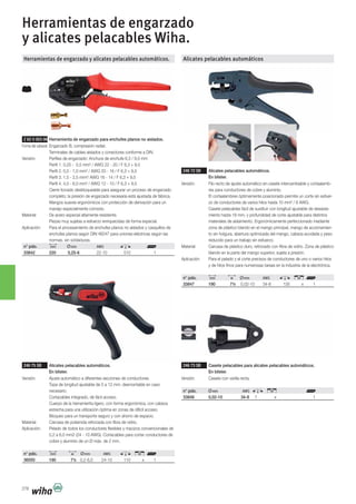 278
Herramientas de engarzado y alicates pelacables automáticos.
Z 62 0 003 06 Herramienta de engarzado para enchufes planos no aislados.
Forma del cabezal:
enchufes planos según DIN 46247 para uniones eléctricas según las
normas, sin soldaduras.
n° pdo.
33842 220 0,25-6 22-10 510 1
246 75 SB Alicates pelacables automáticos.
En blíster.
necesario.
Cortacables integrado, de fácil acceso.
0,2 a 6,0 mm2 (24 - 10 AWG). Cortacables para cortar conductores de
cobre y aluminio de un Ø máx. de 2 mm.
n° pdo.
36050 190 7½ 0,2-6,0 24-10 110 x 1
Alicates pelacables automáticos
246 72 SB Alicates pelacables automáticos.
En blíster.
-
res para conductores de cobre y aluminio.
-
Casete pelacables fácil de sustituir con longitud ajustable de desaisla-
miento hasta 18 mm, y profundidad de corte ajustable para distintos
zona de plástico blando en el mango principal, mango de accionamien-
to sin holgura, abertura optimizada del mango, cabeza acodada y peso
reducido para un trabajo sin esfuerzo.
n° pdo.
33847 190 7½ 0,02-10 34-8 135 x 1
246 73 SB Casete pelacables para alicates pelacables automáticos.
En blíster.
n° pdo.
33846 0,02-10 34-8 7 x 1
Herramientas de engarzado
y alicates pelacables Wiha.
 