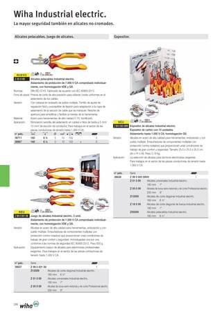 NUEVO
288
Alicates pelacables. Juego de alicates.
Z 55 0 09 Alicates pelacables Industrial electric.
Aislamiento de protección de 1.000 V CA comprobado individual-
mente, con homologación VDE y GS.
Forma del cabezal:
aislamiento de los cables.
apertura para simplificar y facilitar el menejo de la herramienta.
n° pdo.
36711 160 6 ½ 5 10 155 5
38867 160 6 ½ 5 10 155 x 5
NEU
Z 99 0 001 09 Juego de alicates Industrial electric, 3 unid.
Aislamiento de protección de 1.000 V CA comprobado individual-
mente, con homologación VDE y GS.
pulido múltiple. Empuñaduras de componentes múltiples con
trabajo de gran confort y seguridad. Homologadas una por una
n° pdo.
38637 Z 99 0 001 09 1
Z12009 Alicates de corte diagonal Industrial electric.
160 mm 6 ½"
Z 01 0 09 Alicates universales Industrial electric.
180 mm 7"
Z 05 0 09
200 mm 8"
Expositor.
NEU
Z 99 0 005 09VH Expositor de alicates Industrial electric.
Expositor de cartón con 10 unidades.
Aislamiento hasta 1.000 V CA, homologación GS.
pulido múltiple. Empuñaduras de componentes múltiples con
1.000 V CA.
n° pdo.
38638 Z 99 0 005 09VH 1
Z 01 0 09 Alicates universales Industrial electric.
180 mm 7"
Z 05 0 09
200 mm 8"
Z12009 Alicates de corte diagonal Industrial electric.
160 mm 6 ½"
Z 16 0 09 Alicates de corte diagonal de fuerza Industrial electric.
180 mm 7"
Z55009 Alicates pelacables Industrial electric.
160 mm 6 ½"
Wiha Industrial electric.
La mayor seguridad también en alicates no cromados.
 