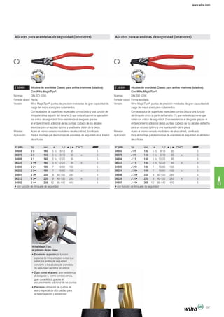 www.wiha.com
297
Alicates para arandelas de seguridad (interiores).
Z 33 4 01 Alicates de arandelas Classic para anillos interiores (taladros).
Con Wiha MagicTips®
.
Forma del cabezal: Recta.
®
carga del mejor acero para rodamientos.
los anillos de seguridad. Gran resistencia al desgaste gracias
al endurecimiento adicional de las puntas. Cabeza de los alicates
de orificios.
n° pdo.
34688 J 0 140 5 ½ 8-13 95 5
36975 J 0 140 5 ½ 8-13 95 x 5
34689 J 1 140 5 ½ 12-25 95 5
36225 140 5 ½ 12-25 95 x 5
34690 180 7 19-60 155 5
36222 180 7 19-60 155 x 5
34691 220 9 40-100 245 5
36272 220 9 40-100 245 x 5
34692 305 12 85-140 410 5
Alicates para arandelas de seguridad (interiores).
Z 33 5 01 Alicates de arandelas Classic para anillos interiores (taladros).
Con Wiha MagicTips®
.
Forma del cabezal: Forma acodada.
®
carga del mejor acero para rodamientos.
salten los anillos de seguridad. Gran resistencia al desgaste gracias al
endurecimiento adicional de las puntas. Cabeza de los alicates estrecha
de orificios.
n° pdo.
34693 J 01 140 5 ½ 8-13 95 5
36976 J 01 140 5 ½ 8-13 95 x 5
34694 J 11 140 5 ½ 12-25 95 5
36223 J 11 140 5 ½ 12-25 95 x 5
34695 180 7 19-60 155 5
36224 180 7 19-60 155 x 5
34696 220 9 40-100 245 5
36226 220 9 40-100 245 x 5
34697 305 12 85-140 410 5
Wiha MagicTips:
el primero de su clase
salten los anillos de seguridad
convierte a los alicates de arandelas
de seguridad de Wiha en únicos
gran resistencia
al desgaste y, como consecuencia,
gran durabilidad, gracias al
endurecimiento adicional de las puntas
acero especial de alta calidad para
Wiha Info
 